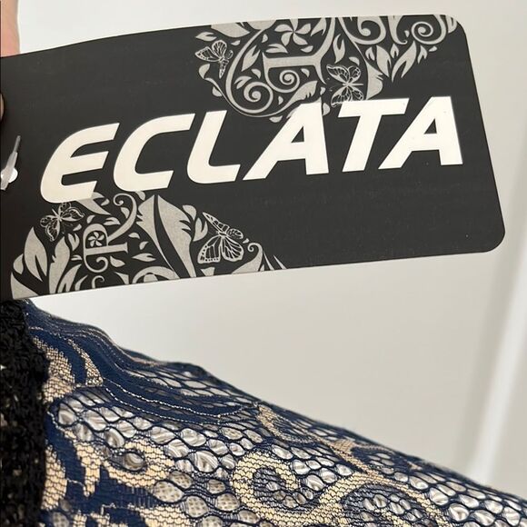 ECLATA Blue W Metallic Gold trimmed in Black Lace Kimono Cardigan VTG NWT OSFA - Picture 2 of 9